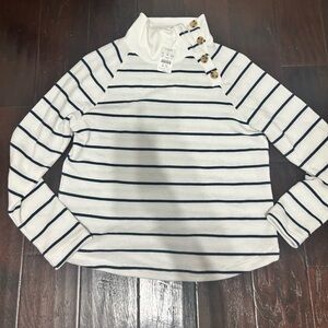 CHANEL White and Navy Striped Cowl Neck Sweater with Button Detail